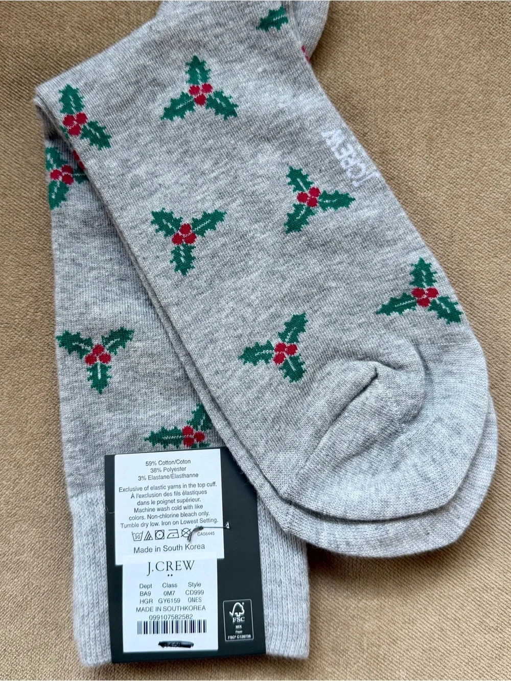 J. Crew Gray Socks with Green & Red Holly Motif